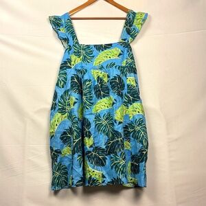 Draper James  Women Linen Midi Dress Blue Monstera XXL Babydoll Square Neck Y2K